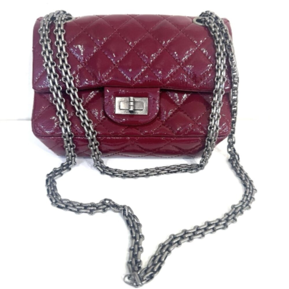 AUTHENTIC Chanel Reissue 2.55 Flap Bag Quilted Crinkled Patent Leather -Dark Red
